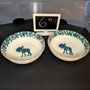 Folk Art Moose Country vintage‎ green/cream ceramic spongeware cereal bowls 2
